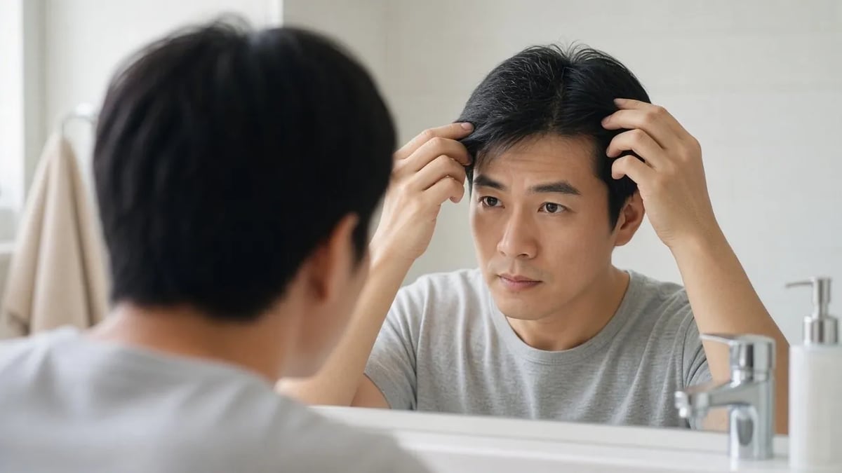 成人喺鏡前輕輕分開前額頭髮,檢視髮量變化