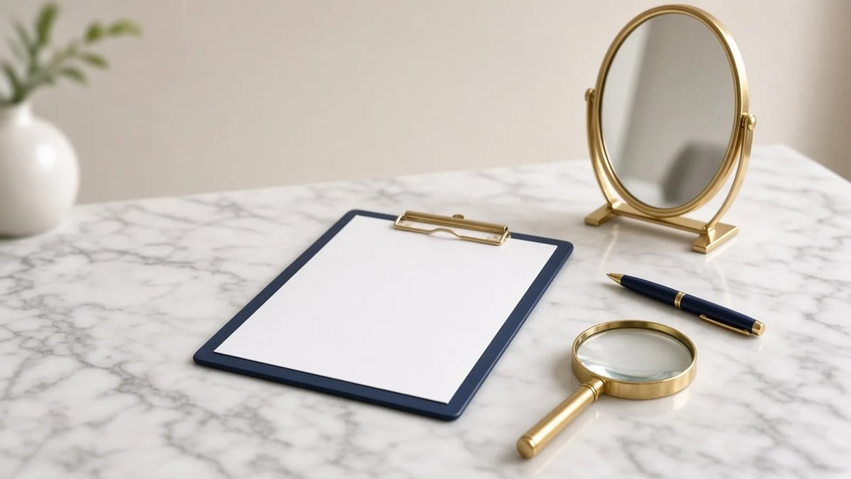 A dark blue clipboard, a gold magnifying glass, an oval standing mirror, and a fountain pen on a marble desk, illustrating pre-transplant evaluation of hair follicles and the donor area