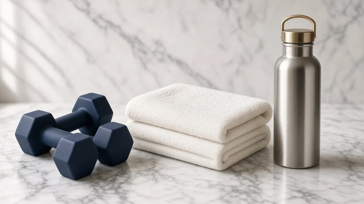 Dark blue dumbbells, a white towel, and a stainless steel water bottle on a marble surface, illustrating fitness enthusiasts' questions about muscle-building substances and hair loss