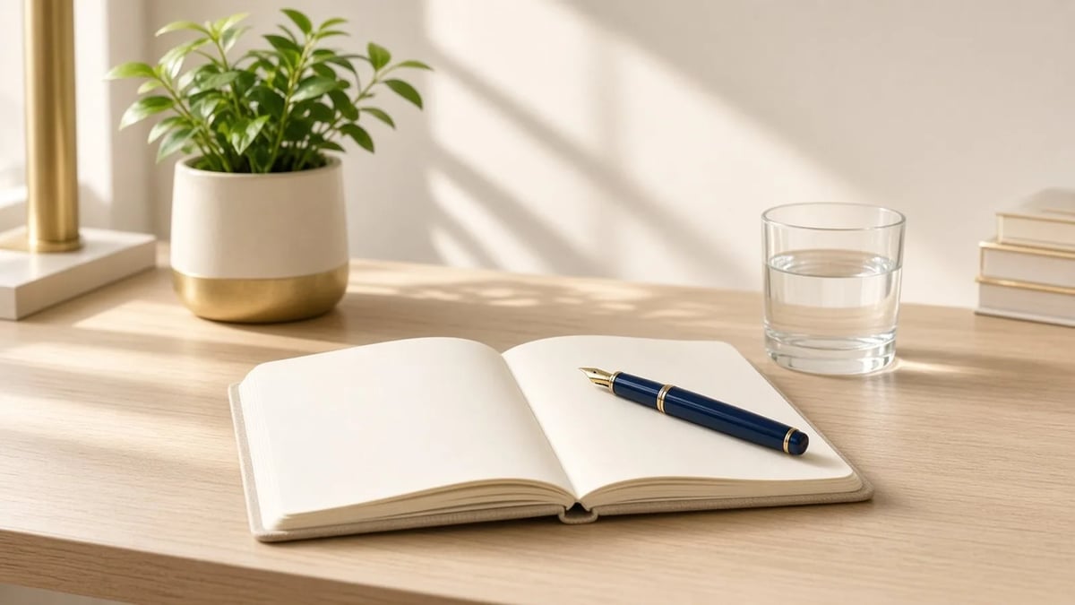 An open blank notebook, a dark blue fountain pen, a glass of water, and a potted plant on a wooden desk, illustrating preparing medication and hair loss records before a medical consultation