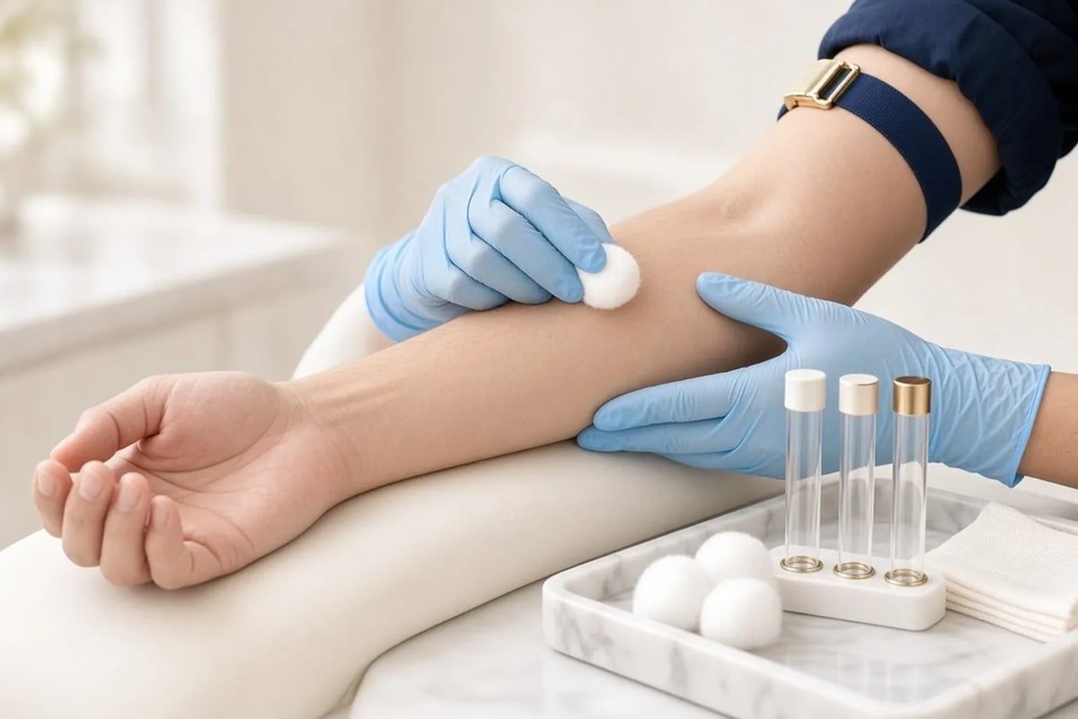 Gloved hands cleaning the inner elbow with a cotton ball, a tourniquet on the upper arm and empty transparent blood tubes on a tray, illustrating a thyroid blood test