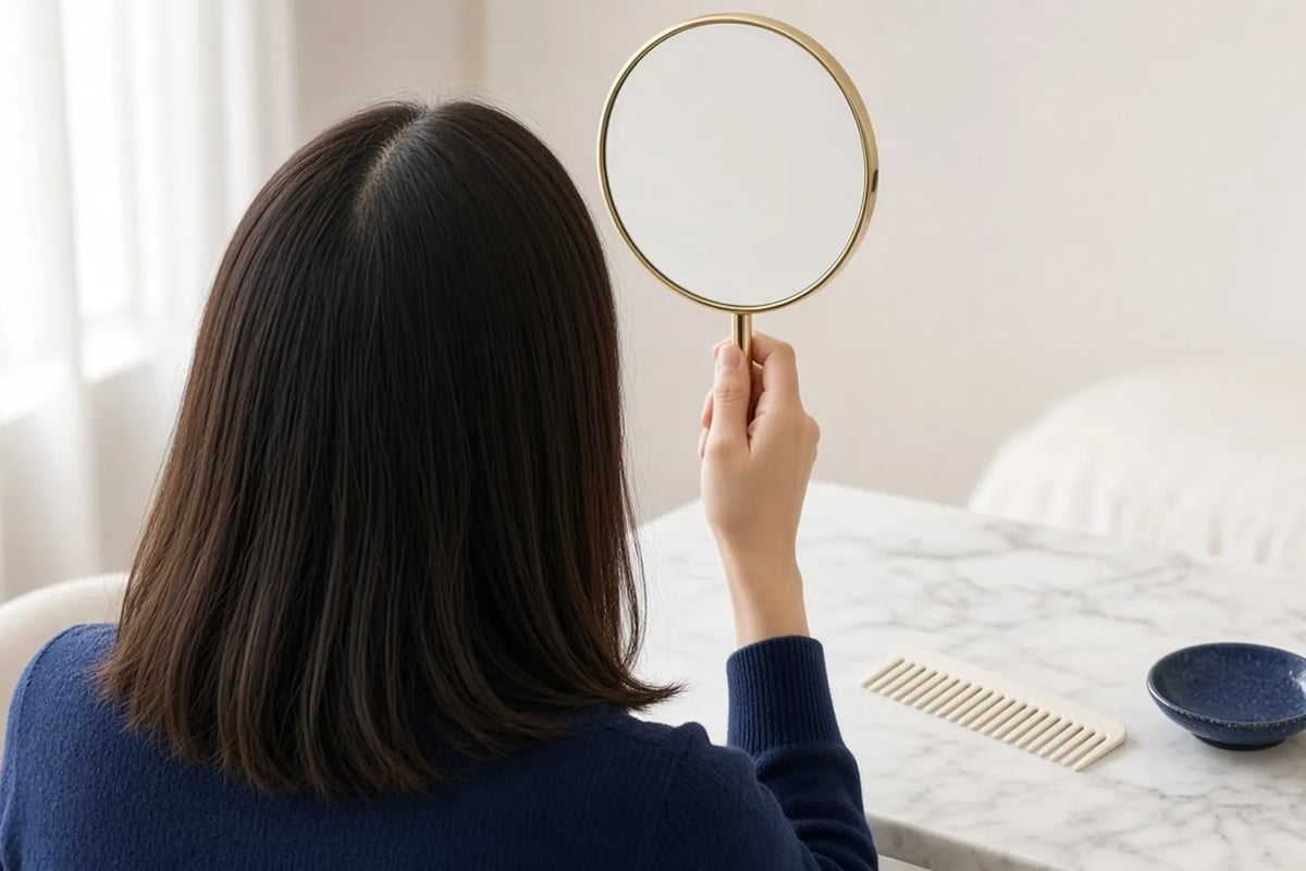 A woman seen from behind holding a gold hand mirror to check her parting and hair volume, looking for thinning all over versus a widening parting