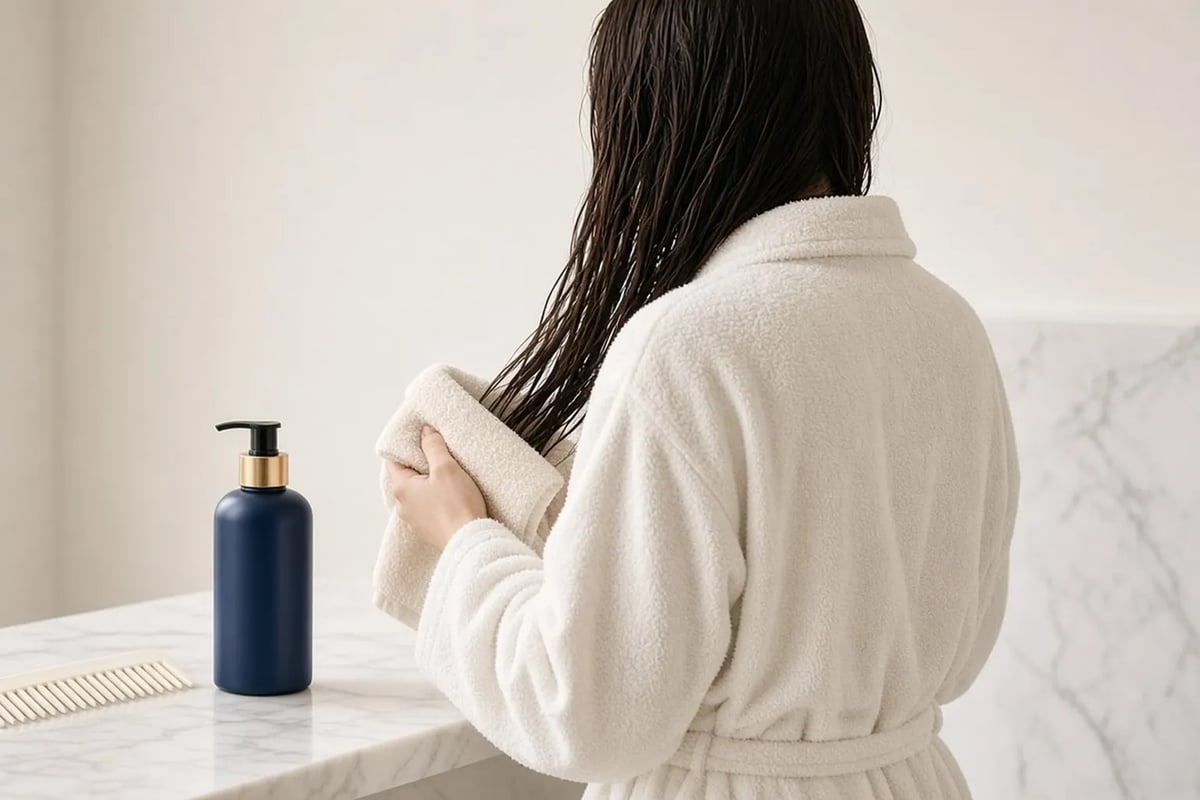 A woman in a bathrobe, seen from behind, gently blotting the lengths of her wet hair with a towel instead of rubbing