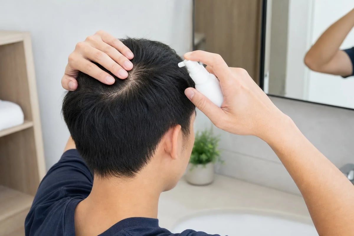 男性按醫生指示將外用 Finasteride 噴喺頭皮脫髮位置