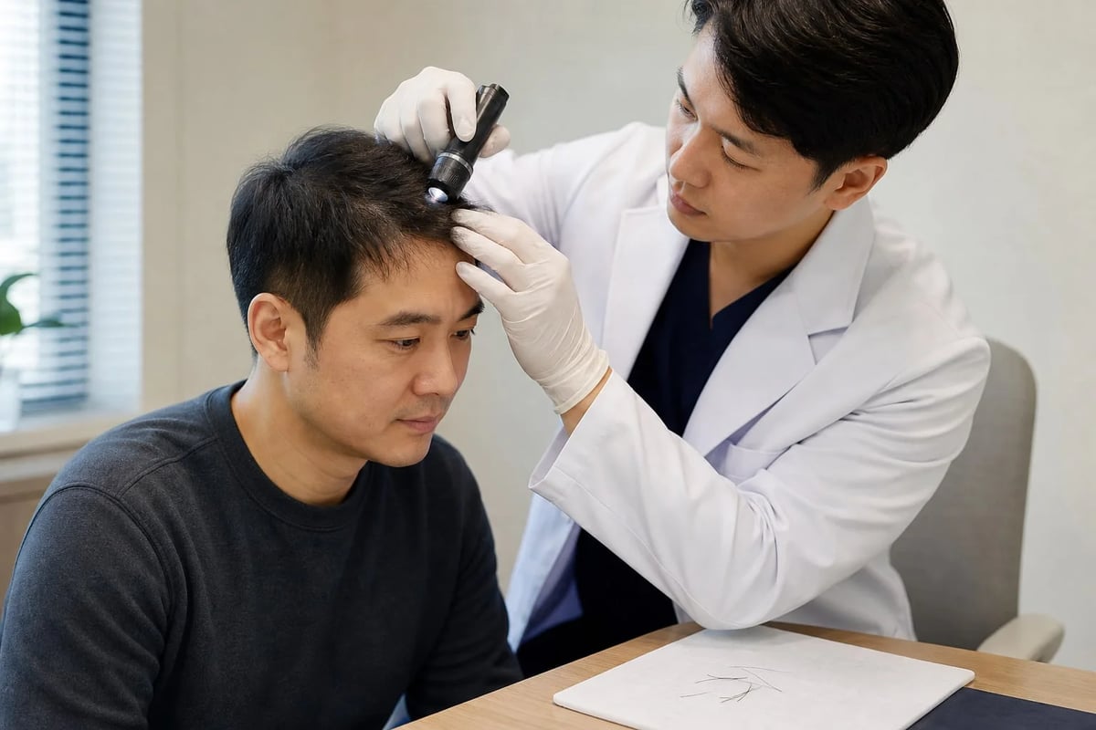医師が植毛後早期の抜け毛を診察し、毛幹の脱落と毛包の回復を見分ける様子